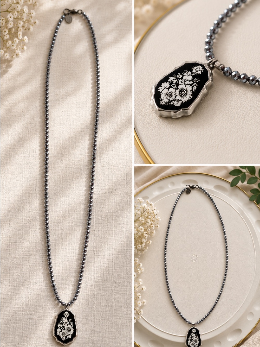 Sterling-Style Hematite Bead Necklace with Black Floral Pendant